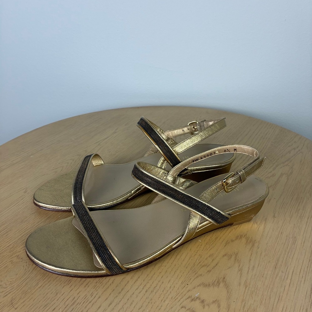 Stuart Weitzman Gold Metallic Leather Strappy Wedge Sandals Women's 8.5 Chic